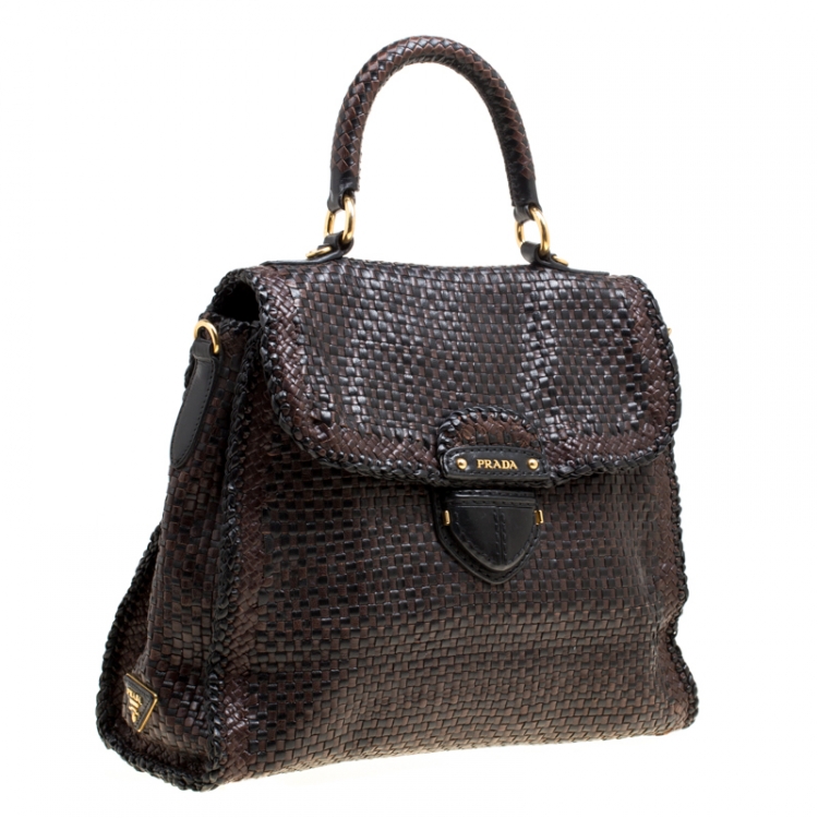 Pre Owned Prada Brown Woven Leather Madras Top Handle Bag