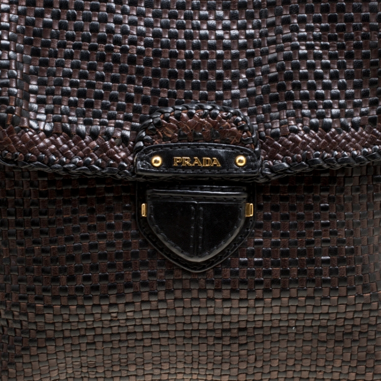 Pre Owned Prada Brown Woven Leather Madras Top Handle Bag