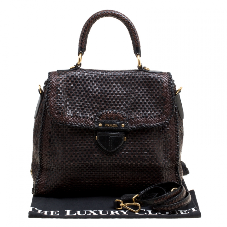 Pre Owned Prada Brown Woven Leather Madras Top Handle Bag