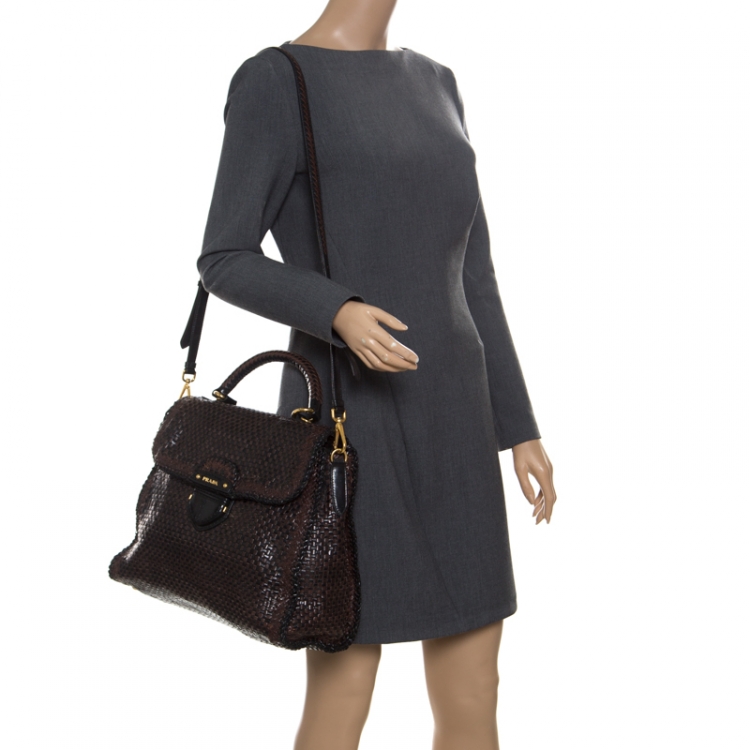 Pre Owned Prada Brown Woven Leather Madras Top Handle Bag