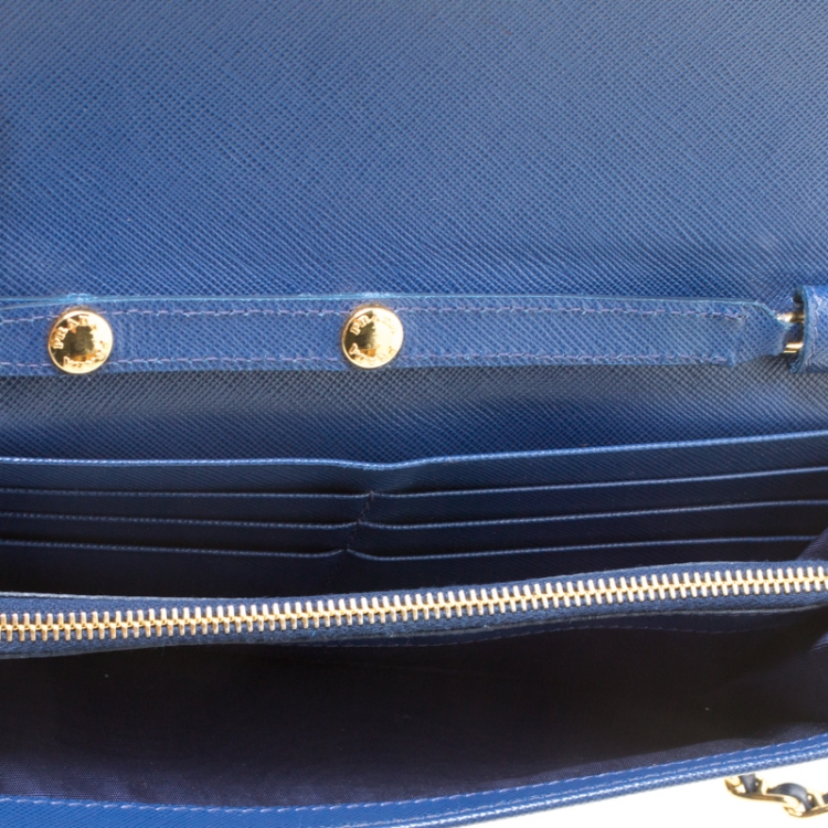 Pre Owned Prada Blue Saffiano Metal Leather Wallet On Chain