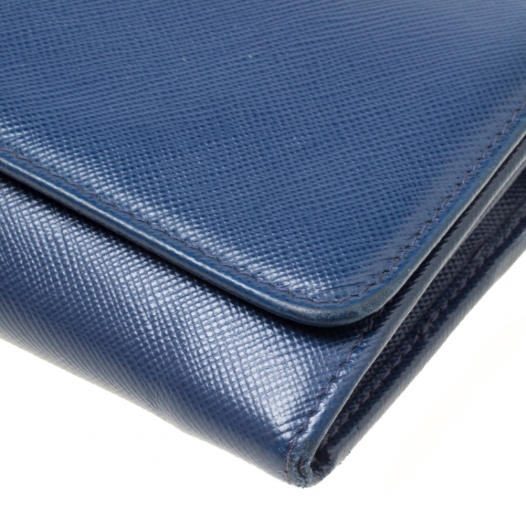 Pre Owned Prada Blue Saffiano Metal Leather Wallet On Chain