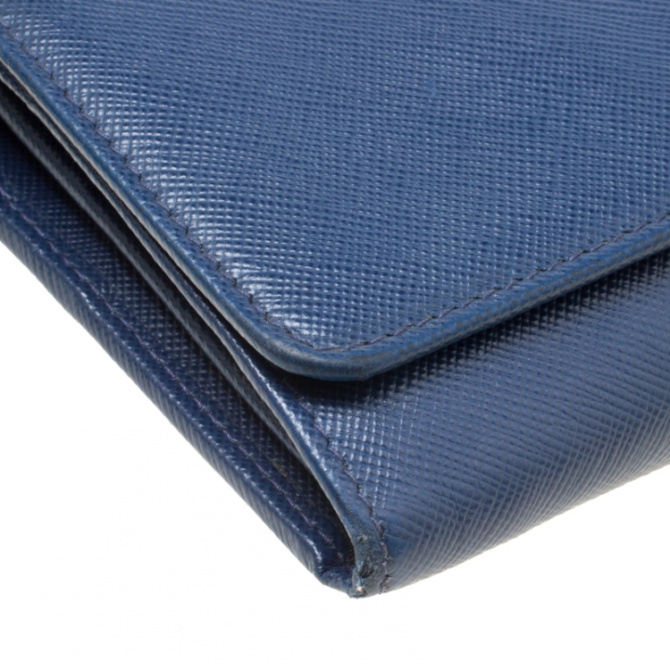 Pre Owned Prada Blue Saffiano Metal Leather Wallet On Chain