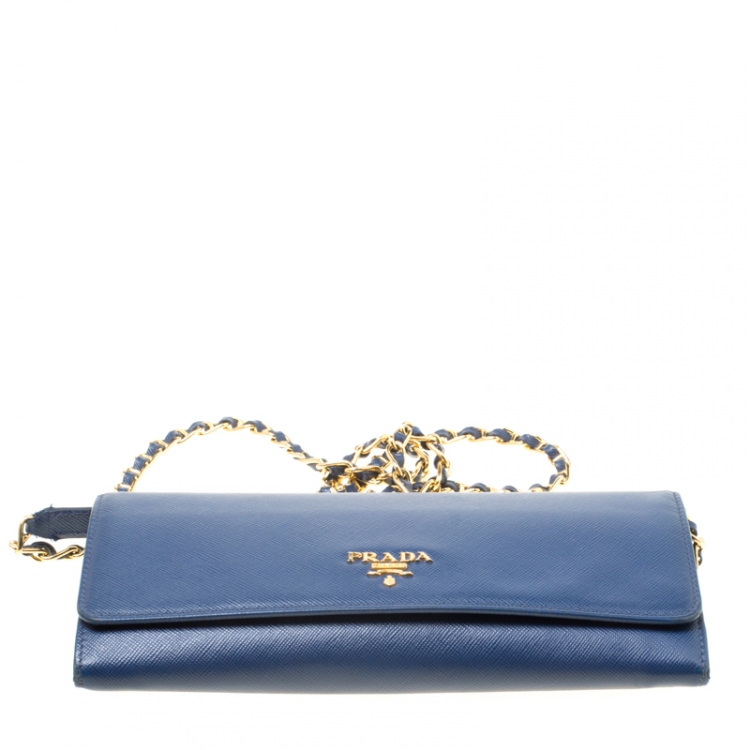 Pre Owned Prada Blue Saffiano Metal Leather Wallet On Chain