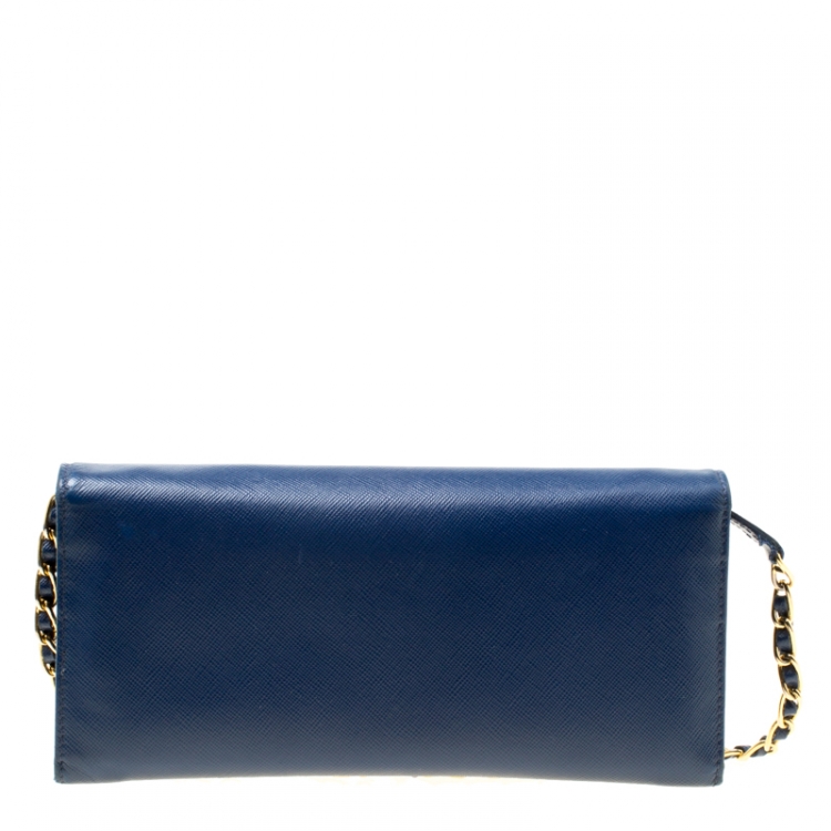 Pre Owned Prada Blue Saffiano Metal Leather Wallet On Chain