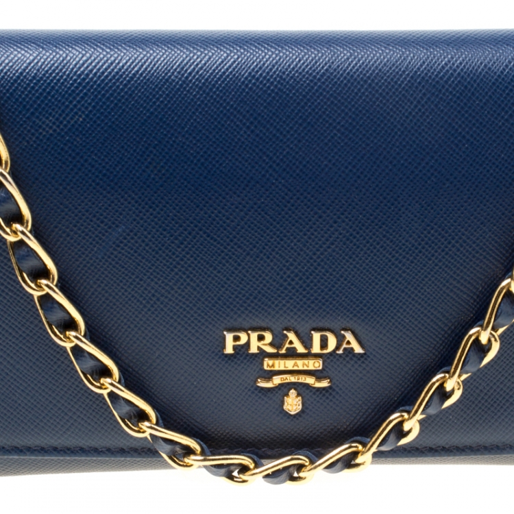 Pre Owned Prada Blue Saffiano Metal Leather Wallet On Chain
