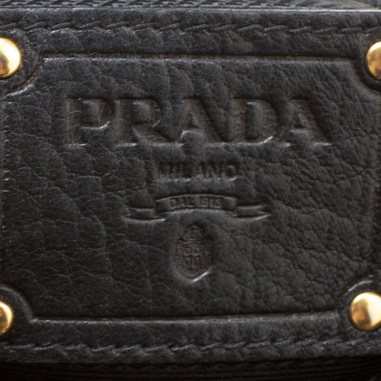 Pre Owned Prada Black Vitello Daino Leather Zip Around Hobo