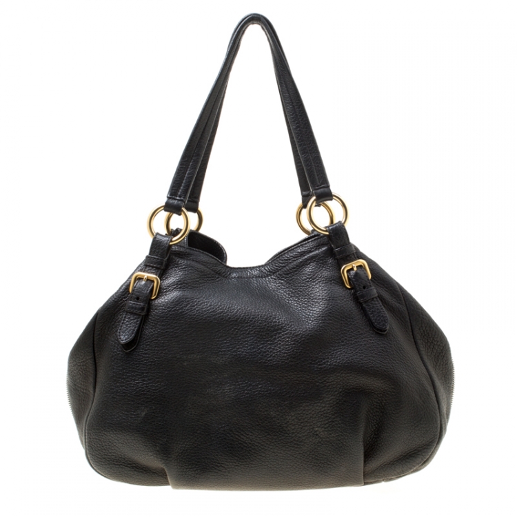 Pre Owned Prada Black Vitello Daino Leather Zip Around Hobo