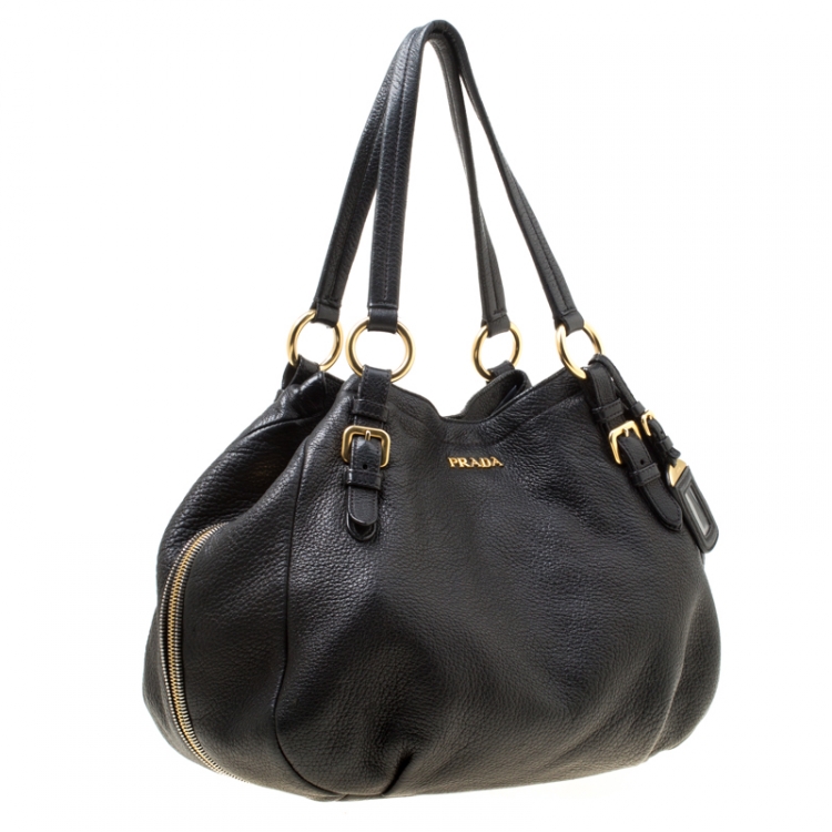 Pre Owned Prada Black Vitello Daino Leather Zip Around Hobo