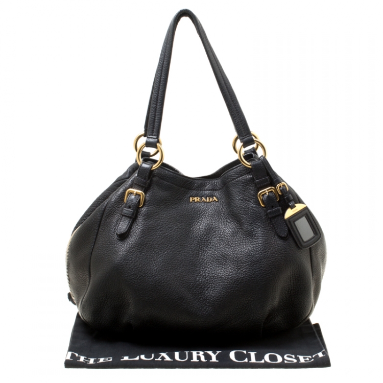 Pre Owned Prada Black Vitello Daino Leather Zip Around Hobo