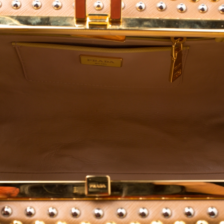 Pre Owned Prada Blush Yellow/Brown Saffiano Lux Leather Pyramid Frame Top Handle Bag