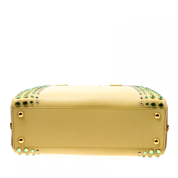 Pre Owned Prada Blush Yellow/Brown Saffiano Lux Leather Pyramid Frame Top Handle Bag