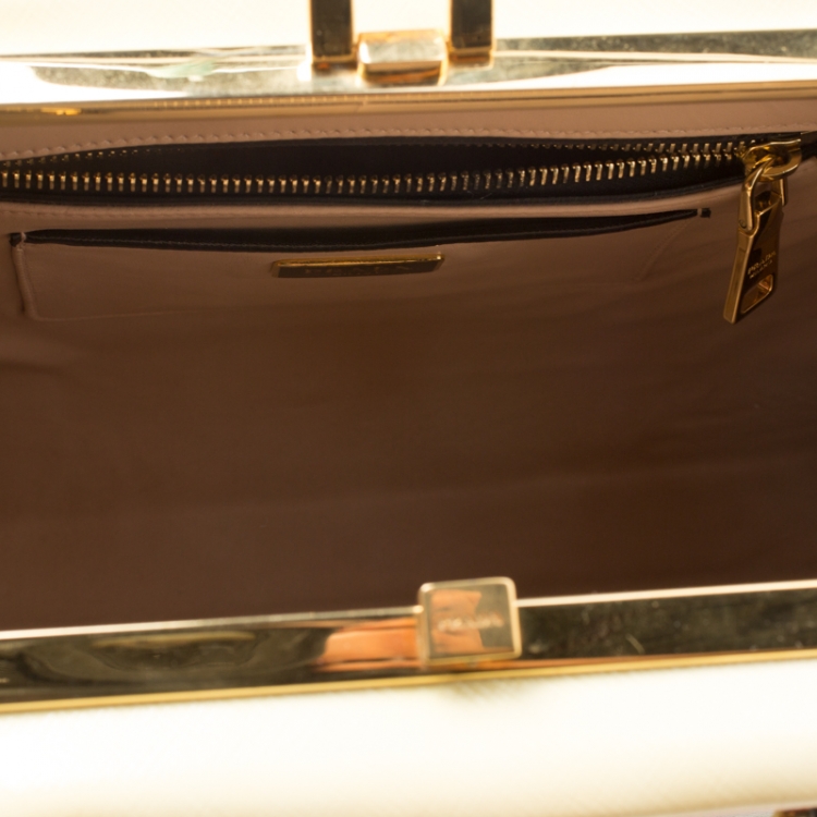 Pre Owned Prada Black/Yellow Patent Leather Pyramid Frame Top Handle Bag