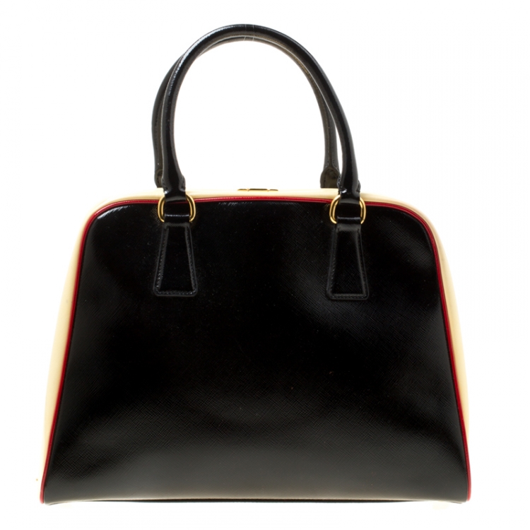 Pre Owned Prada Black/Yellow Patent Leather Pyramid Frame Top Handle Bag