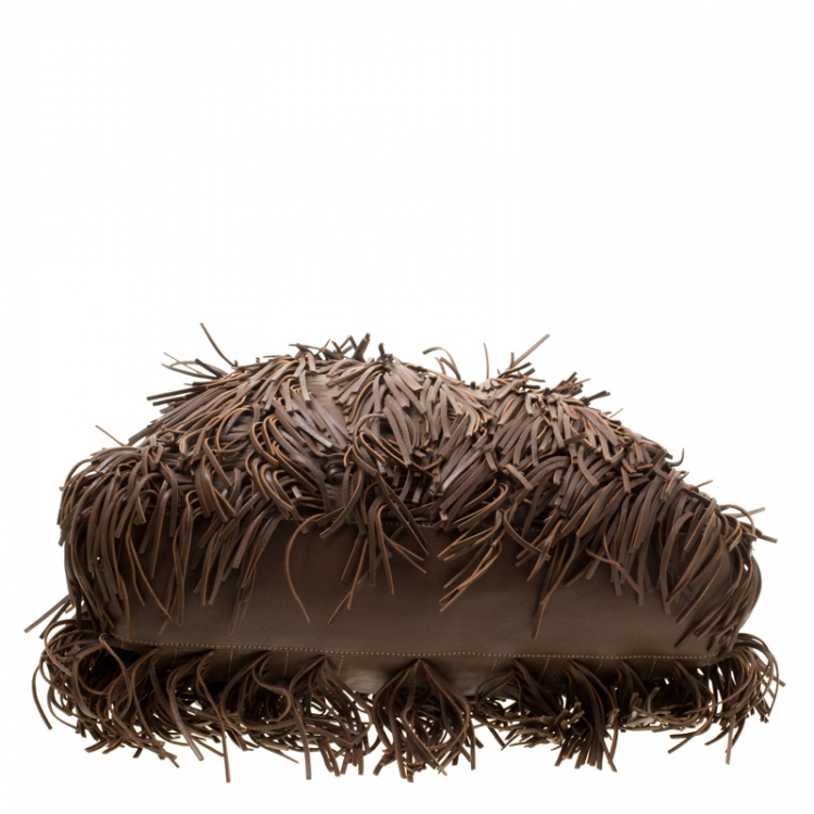 Pre Owned Prada Brown Leather Fringe Hobo 