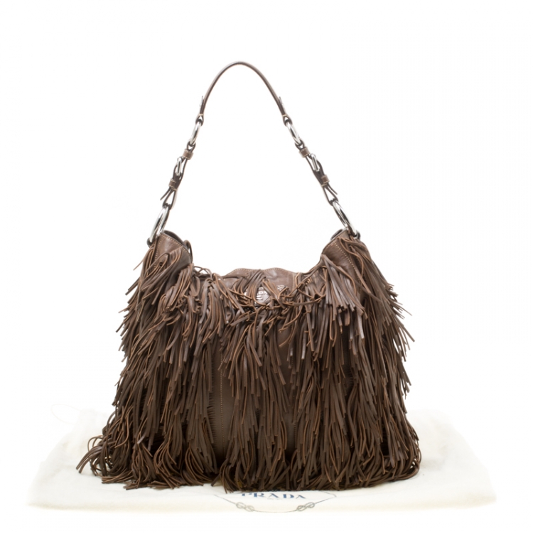 Pre Owned Prada Brown Leather Fringe Hobo 