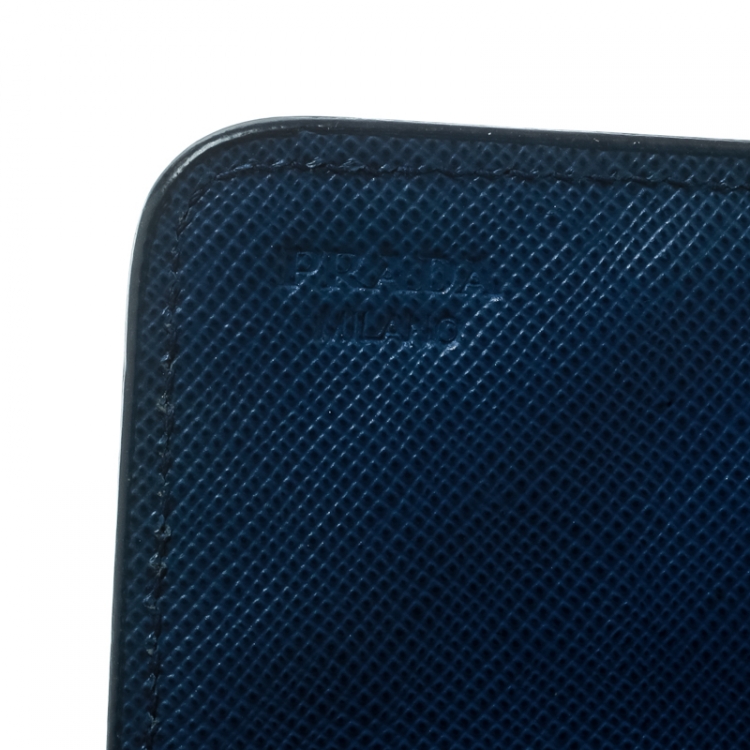 Pre Owned Prada Blue Saffiano Triang Leather Card Holder