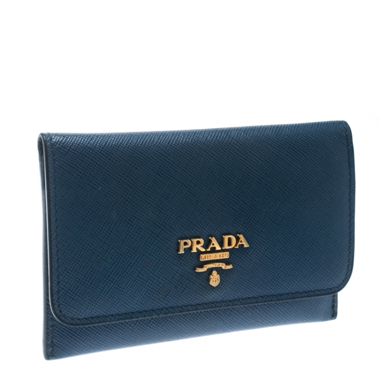 Pre Owned Prada Blue Saffiano Triang Leather Card Holder