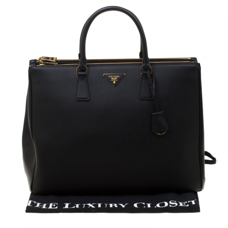 Pre Owned Prada Black Saffiano Lux Leather Executive Double Zip Top Handle Bag