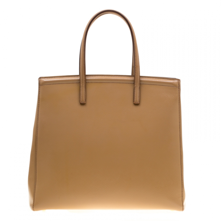 Pre Owned Prada Beige Saffiano Lux Leather Parabole Top Handle Bag