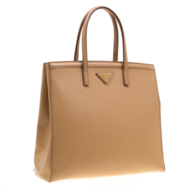 Pre Owned Prada Beige Saffiano Lux Leather Parabole Top Handle Bag
