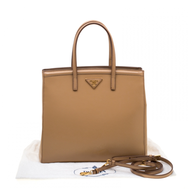 Pre Owned Prada Beige Saffiano Lux Leather Parabole Top Handle Bag