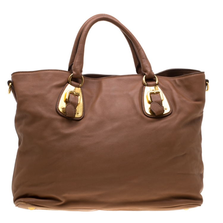 Pre Owned Prada Brown Calfskin Leather Nocciolo Top Handle Bag