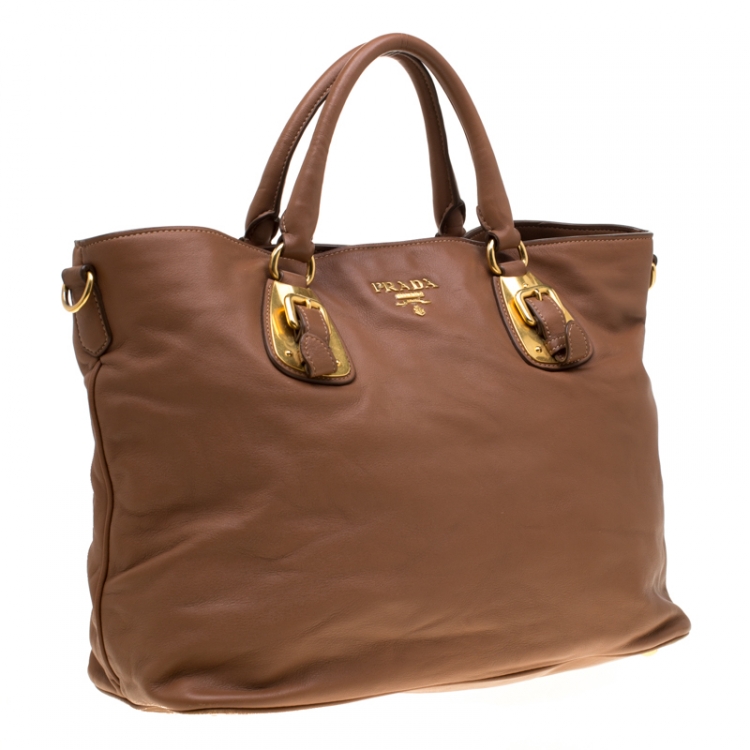 Pre Owned Prada Brown Calfskin Leather Nocciolo Top Handle Bag