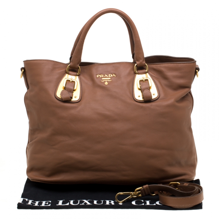 Pre Owned Prada Brown Calfskin Leather Nocciolo Top Handle Bag