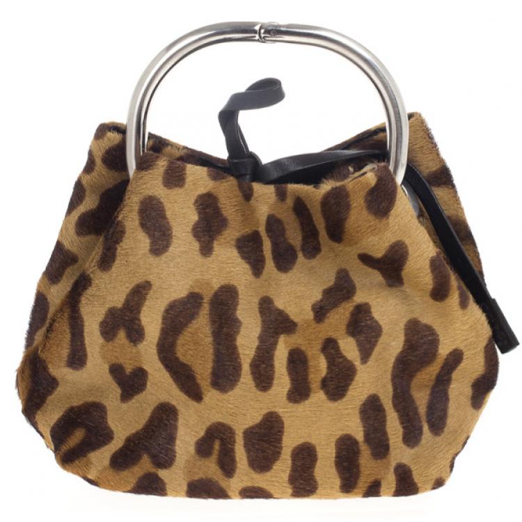 Pre Owned Prada Leopard Print Pony Hair Wristlet Evening Bag 