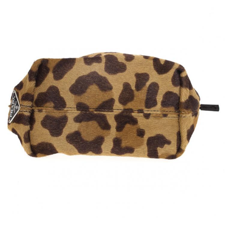 Pre Owned Prada Leopard Print Pony Hair Wristlet Evening Bag 