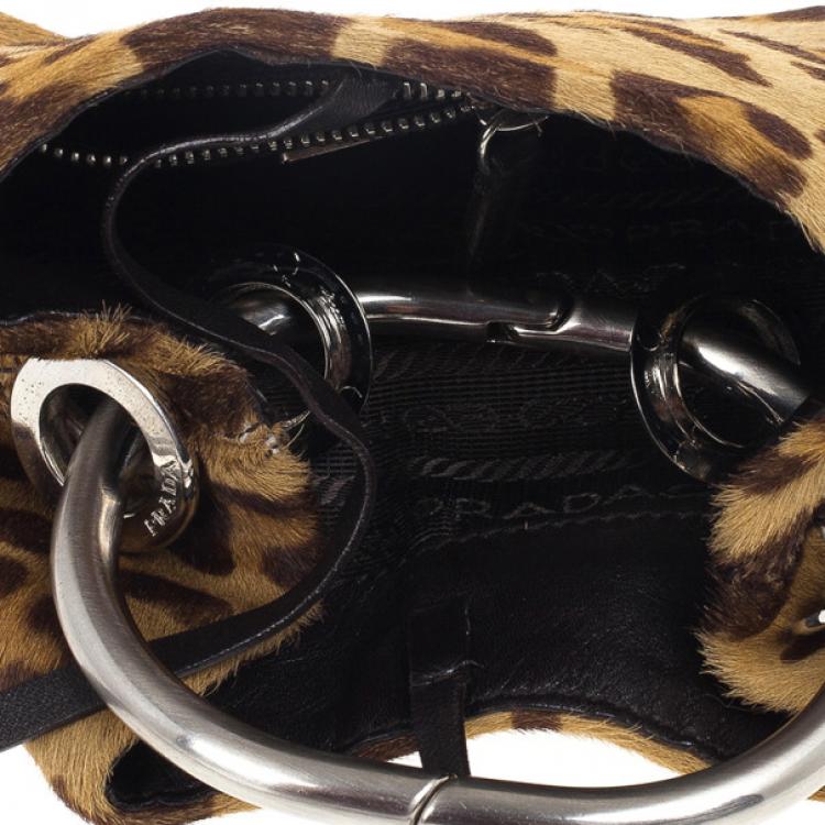 Pre Owned Prada Leopard Print Pony Hair Wristlet Evening Bag 