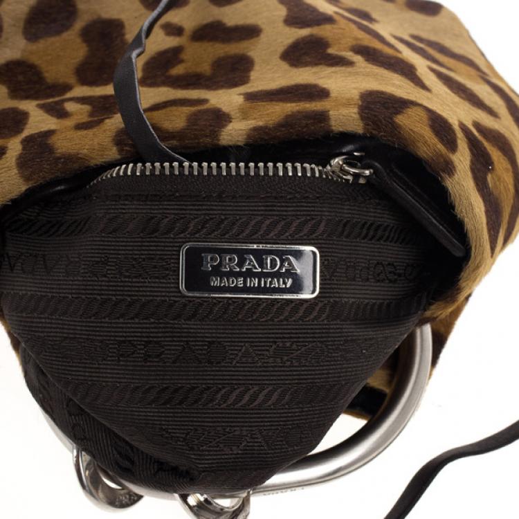 Pre Owned Prada Leopard Print Pony Hair Wristlet Evening Bag 