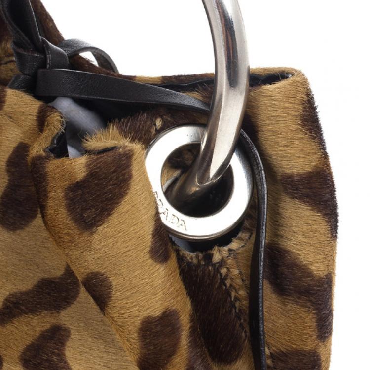 Pre Owned Prada Leopard Print Pony Hair Wristlet Evening Bag 