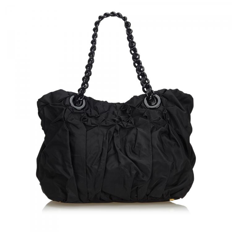 Pre Owned Prada Black Gathered Nylon Chain Tote Bag