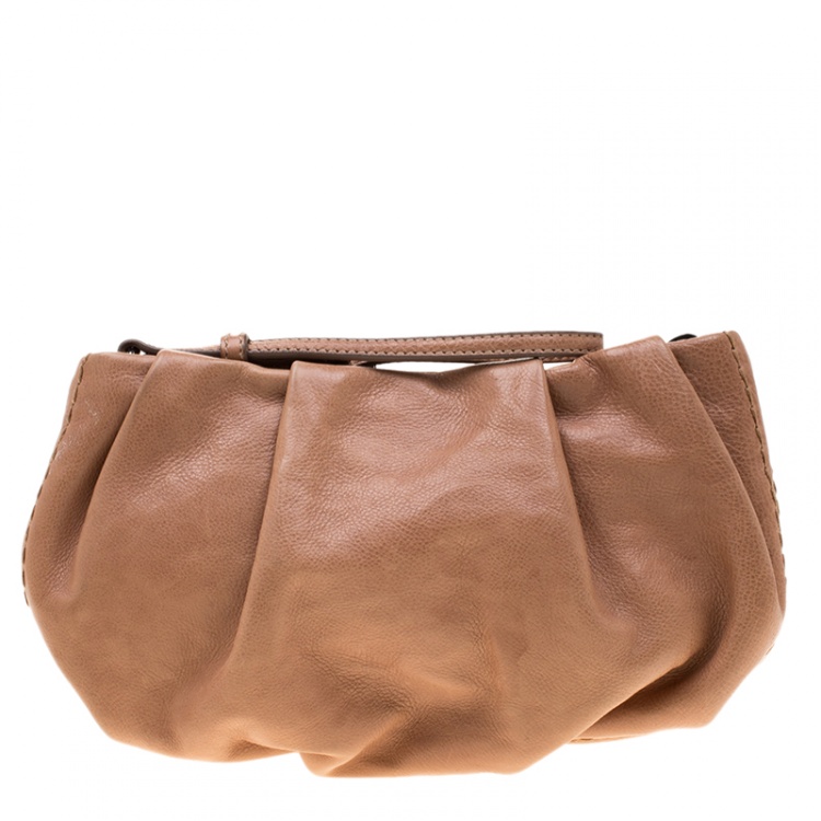 Pre Owned Prada Dark Beige Glazed Leather Ruched Wristlet Clutch