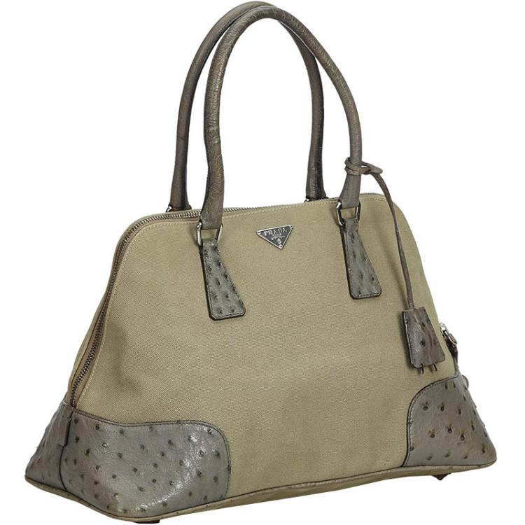 Prada Green Canvas Ostrich Trimmed Dome Top Handle Bag Prada | TLC