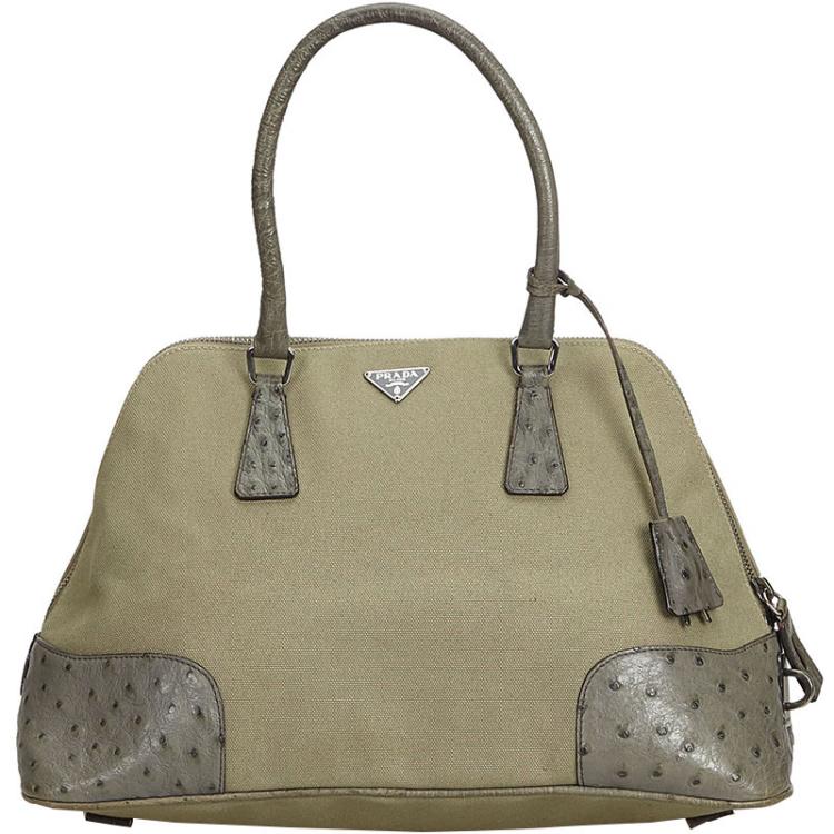 Prada Green Canvas Ostrich Trimmed Dome Top Handle Bag Prada | TLC