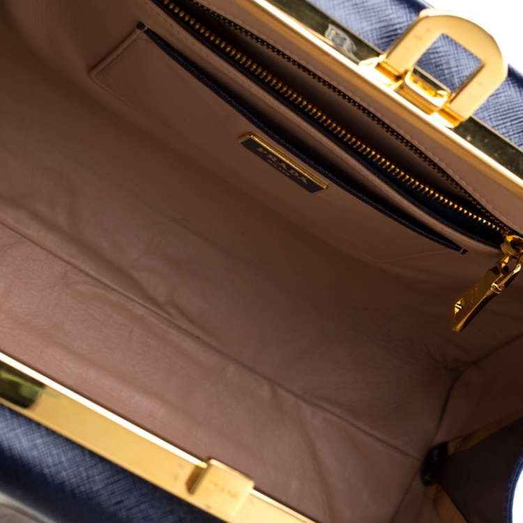 Pre Owned Prada Royal Blue Saffiano Leather Pyramid Frame Top Handle Bag