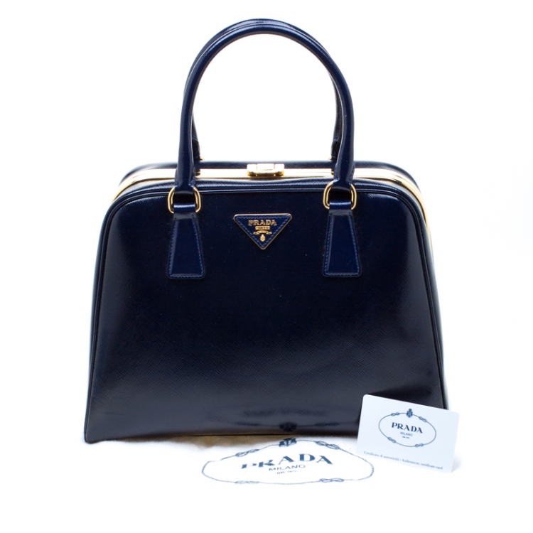 Pre Owned Prada Royal Blue Saffiano Leather Pyramid Frame Top Handle Bag