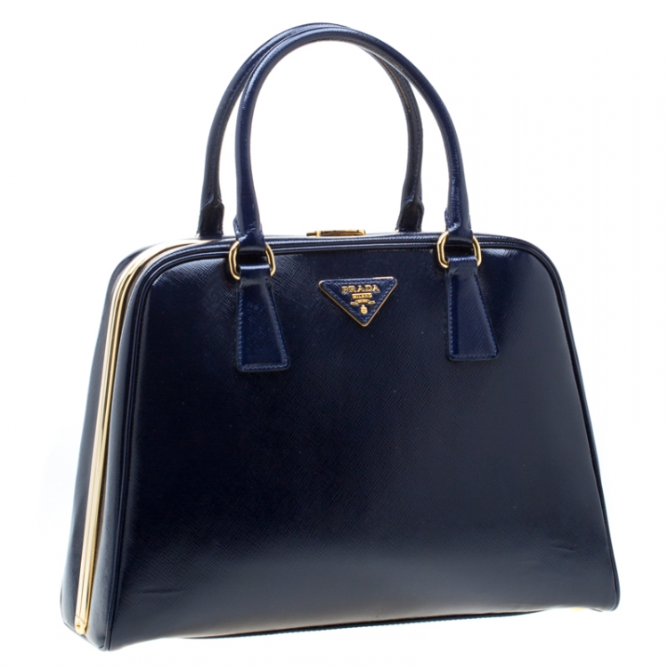 Pre Owned Prada Royal Blue Saffiano Leather Pyramid Frame Top Handle Bag