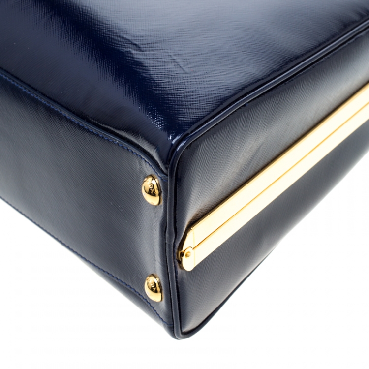 Pre Owned Prada Royal Blue Saffiano Leather Pyramid Frame Top Handle Bag