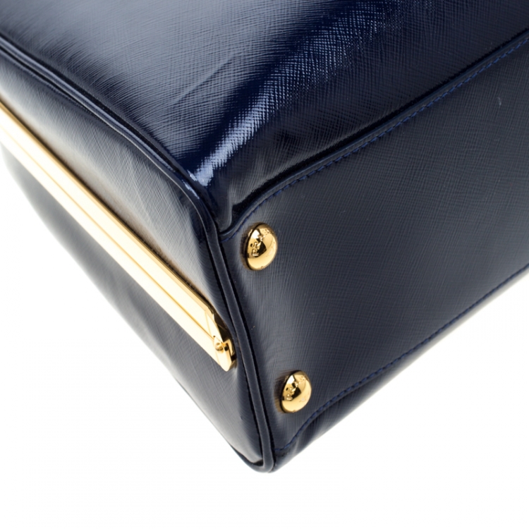 Pre Owned Prada Royal Blue Saffiano Leather Pyramid Frame Top Handle Bag