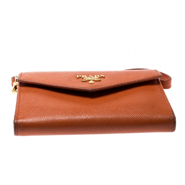 Pre Owned Prada Orange Saffiano Leather Card Case