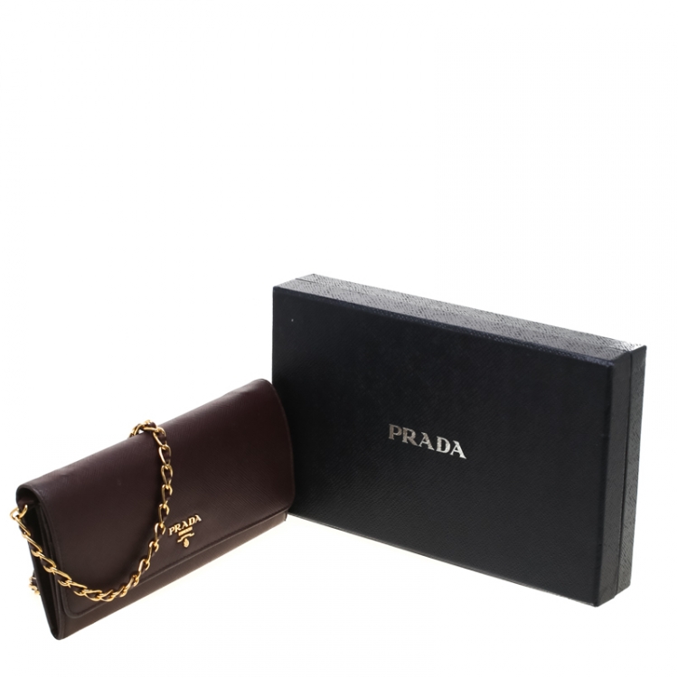 Pre Owned Prada Maroon Saffiano Lux Leather Wallet on Chain