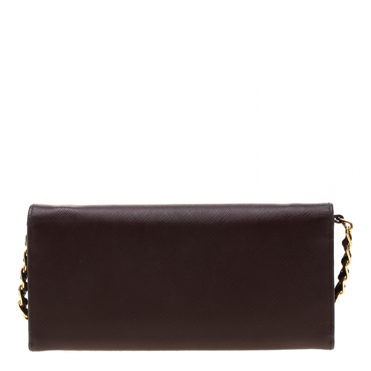 Pre Owned Prada Maroon Saffiano Lux Leather Wallet on Chain