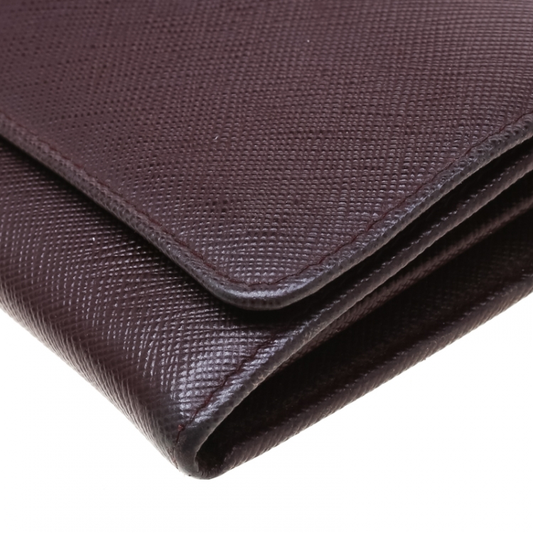 Pre Owned Prada Maroon Saffiano Lux Leather Wallet on Chain