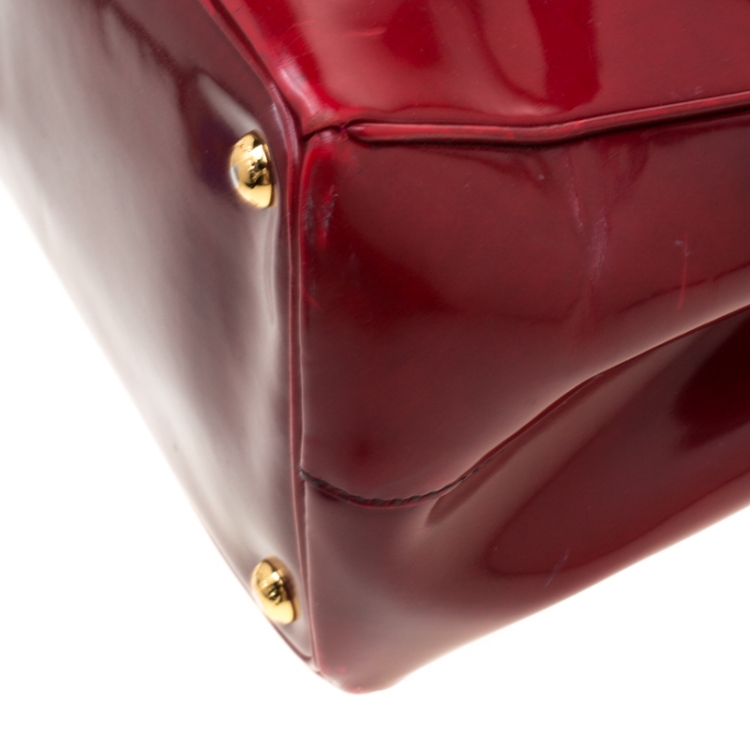 Pre Owned Prada Red Patent Spazzolato Leather Large Double Zip Tote