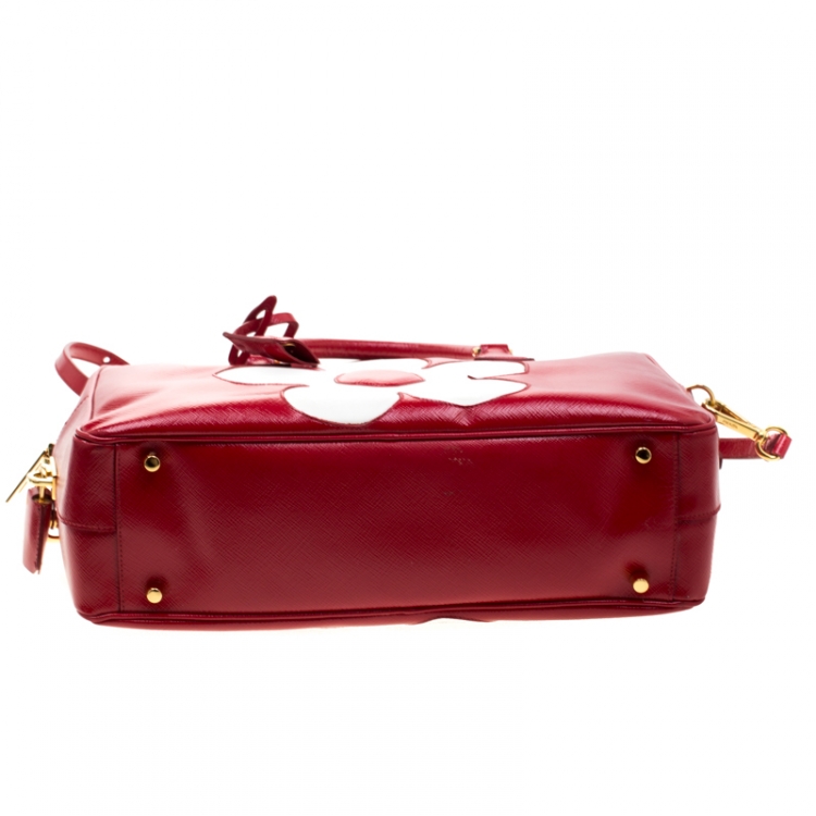 Pre Owned Prada Red/White Saffiano Patent Leather Bauletto Flower Top Handle Bag