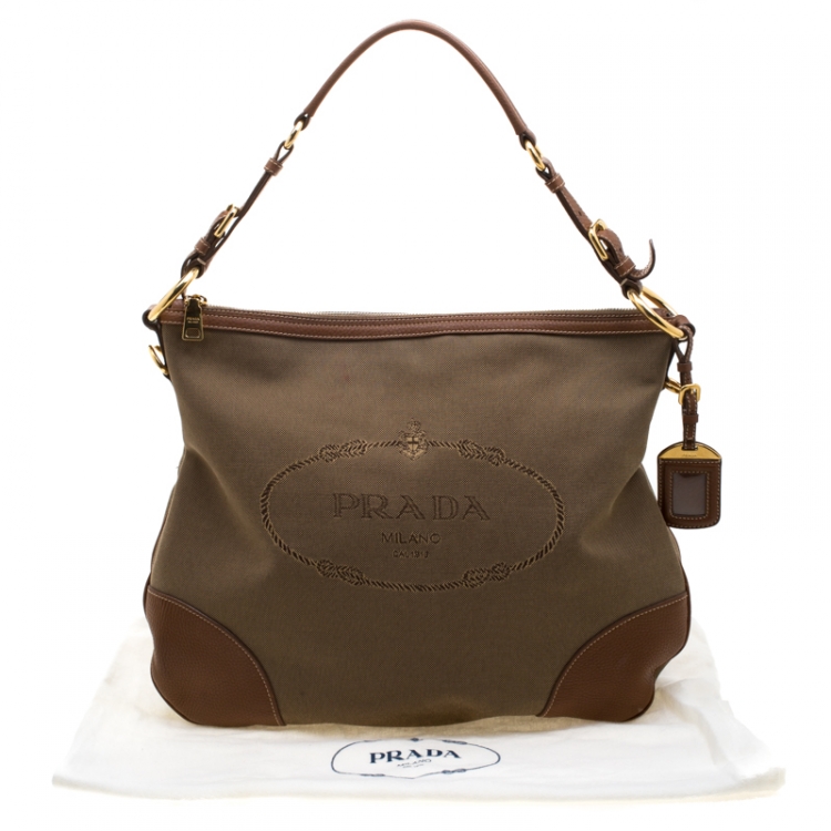 Pre Owned Prada Brown Canvas and leather  Jacquard Logo Hobo